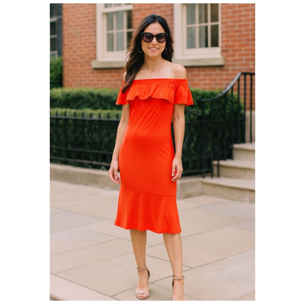 Veronica Beard Oleta Off Shoulder Ruffle Midi Dress Orange Size 0